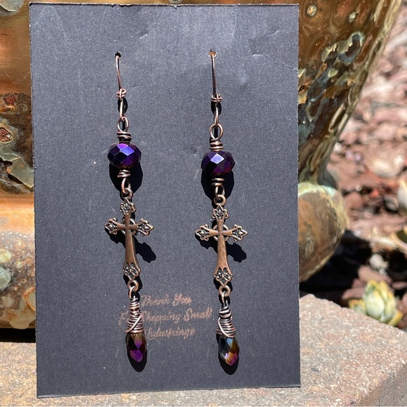 Elegant Purple Cross Dangle Earrings - Picture 5 of 12